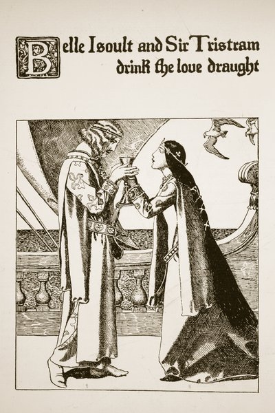 Belle Isoult en Sir Tristram drinken de liefdesdrank, illustratie uit 